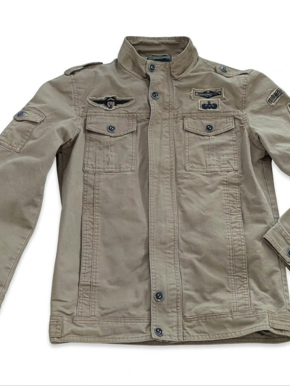 Jeepcd Khaki Cotton Military Field Jacket Patches Women’s Size M Utility Coat